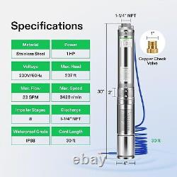 Deep Well Pump Submersible Pump 1HP 4 33GPM Stainless Steel Water Pump 230V