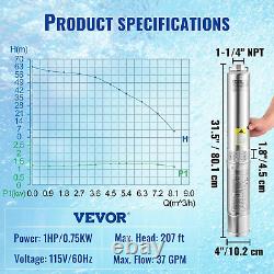 Deep Well Submersible Pump, 1HP 115V/60Hz, 37Gpm Flow 207Ft Head