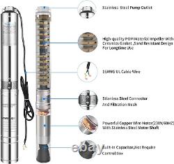 Submersible Deep Well Pump 220V 1HP Whole Body Stainless Steel 30GPM 262 Ft Head
