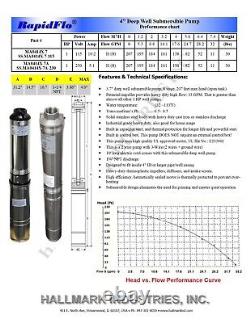 Submersible Pump, 3.5 Deep Well, 1 HP 115V, 33 GPM, 207' Hallmark Industries