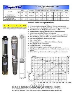 Submersible Pump 3 Deep Well, 3/4 HP/115V, 13 GPM/270' MAX, Hallmark Industries