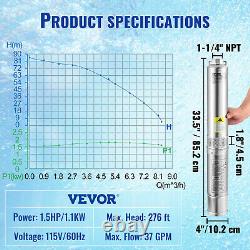 VEVOR 1-1/2HP 4 Deep Well Pump 276ft Submersible Pump 37GPM withControl Box 115V