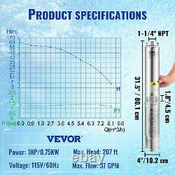 VEVOR Deep Well Submersible Pump Stainless Steel Water Pump 1HP 115V 37GPM 207ft