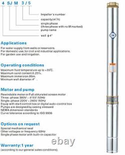 Pompe de puits profond submersible 220V 0,5 HP 3/4 HP 1 HP 2 HP 3 HP 4 HP