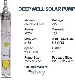 Pompe submersible de puits profond à énergie solaire, pompe à eau en acier inoxydable à vis CC 24V 370W