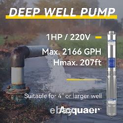 Pompe submersible pour puits profond 220V, 36 GPM, 207' de hauteur, en acier inoxydable, 4'' de profondeur.